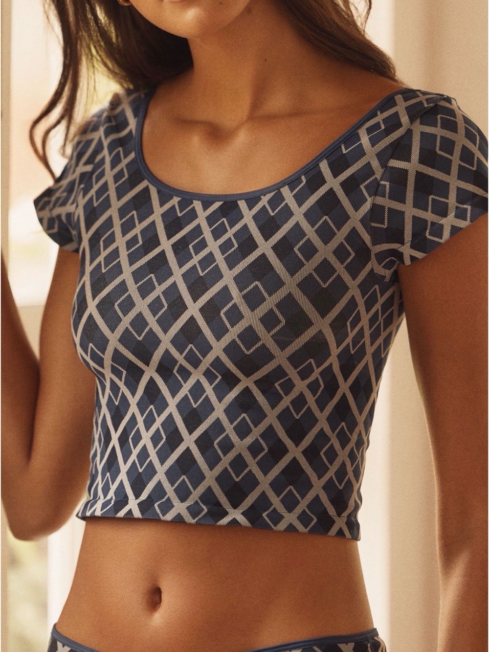 Anthropologie Navy and Light Gray Geometric Scoop Crop Top - Picture 2 of 7